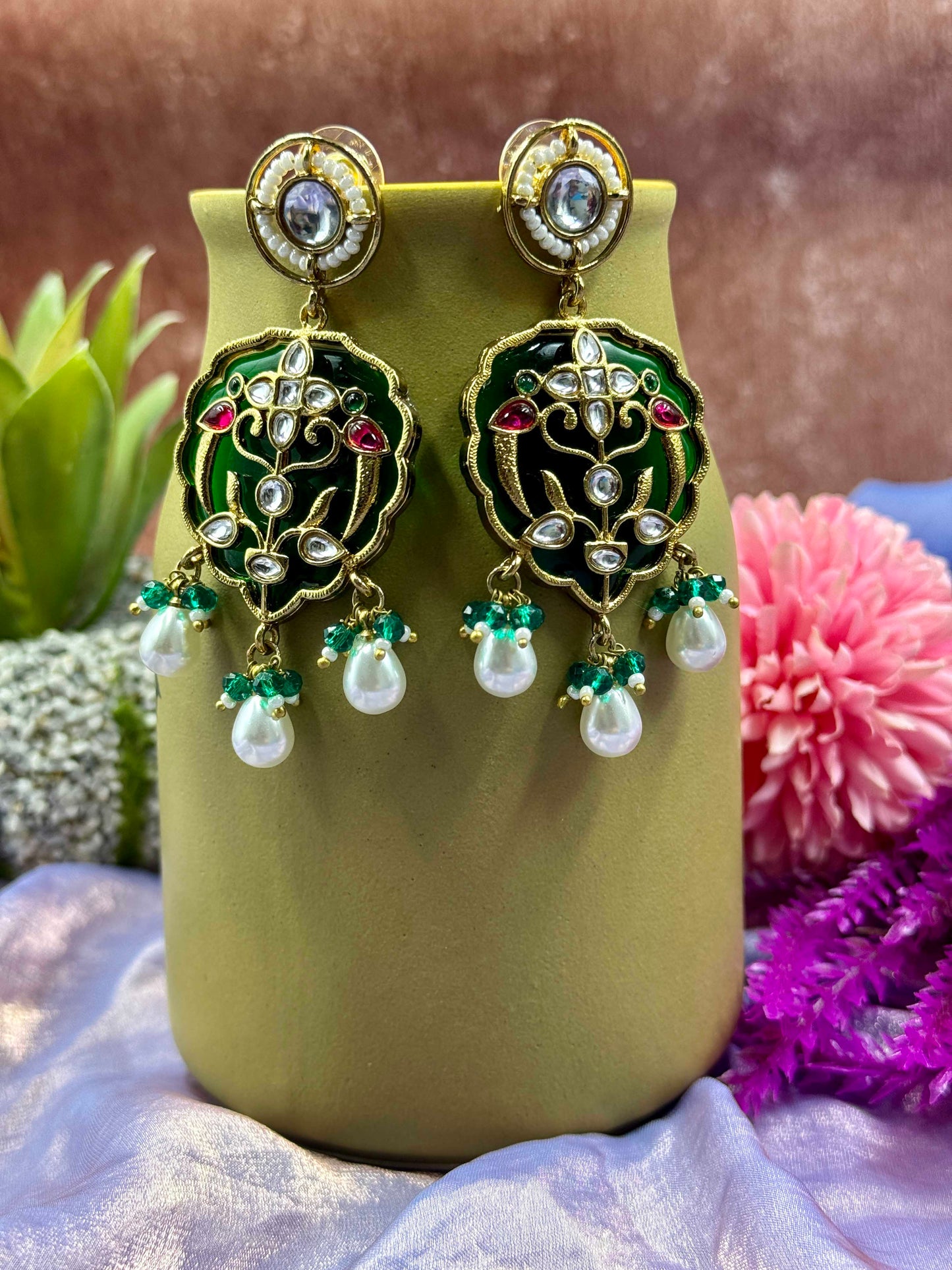 Green Meera Pearl Danglers